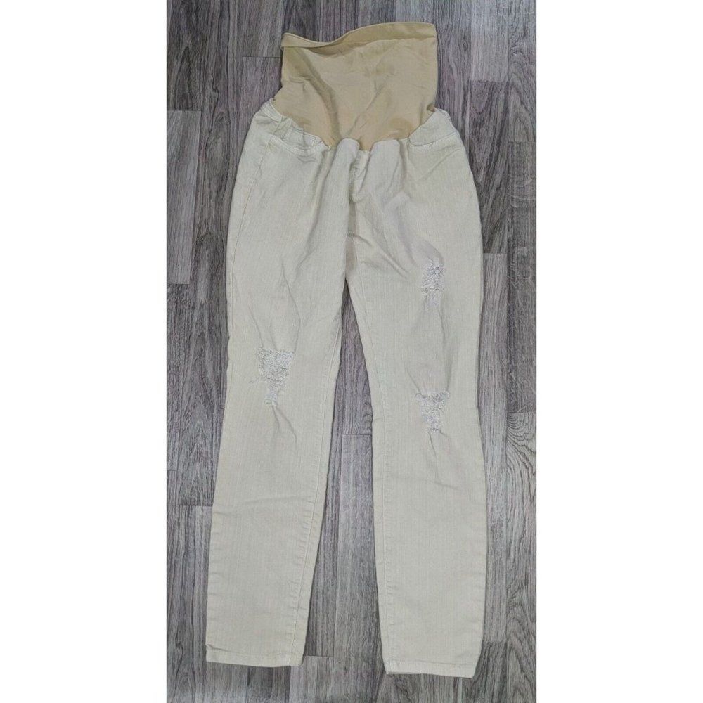 (3/$35) Motherhood Maternity Full Panel Straight Leg Distressed Khaki Tan Jeans